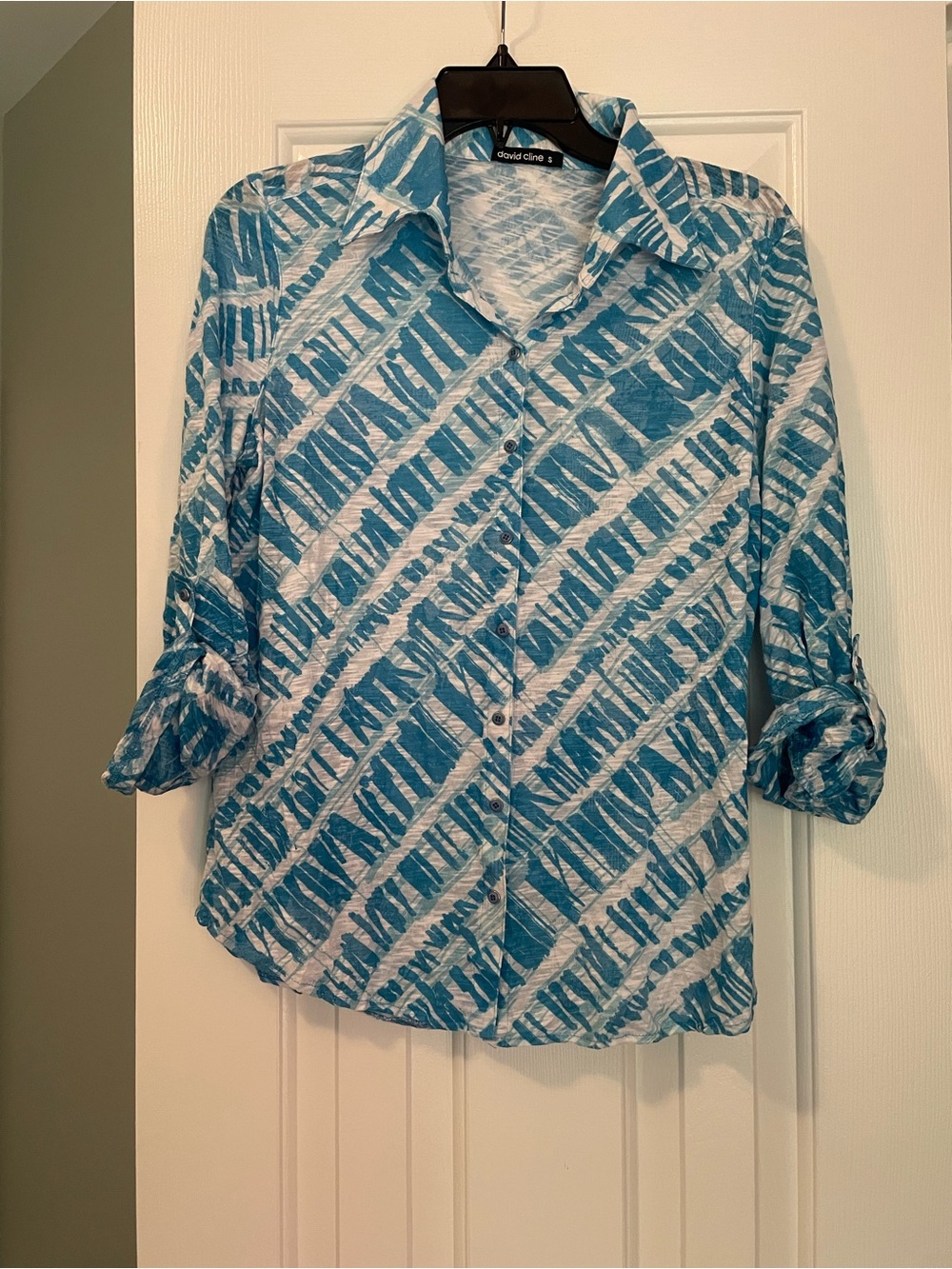 David Cline Teal and White Geometric Button-Down Shirt